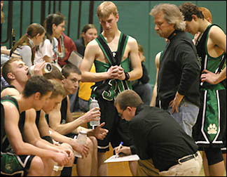 Basketball huddle with coach