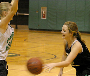 Girls passing basketball